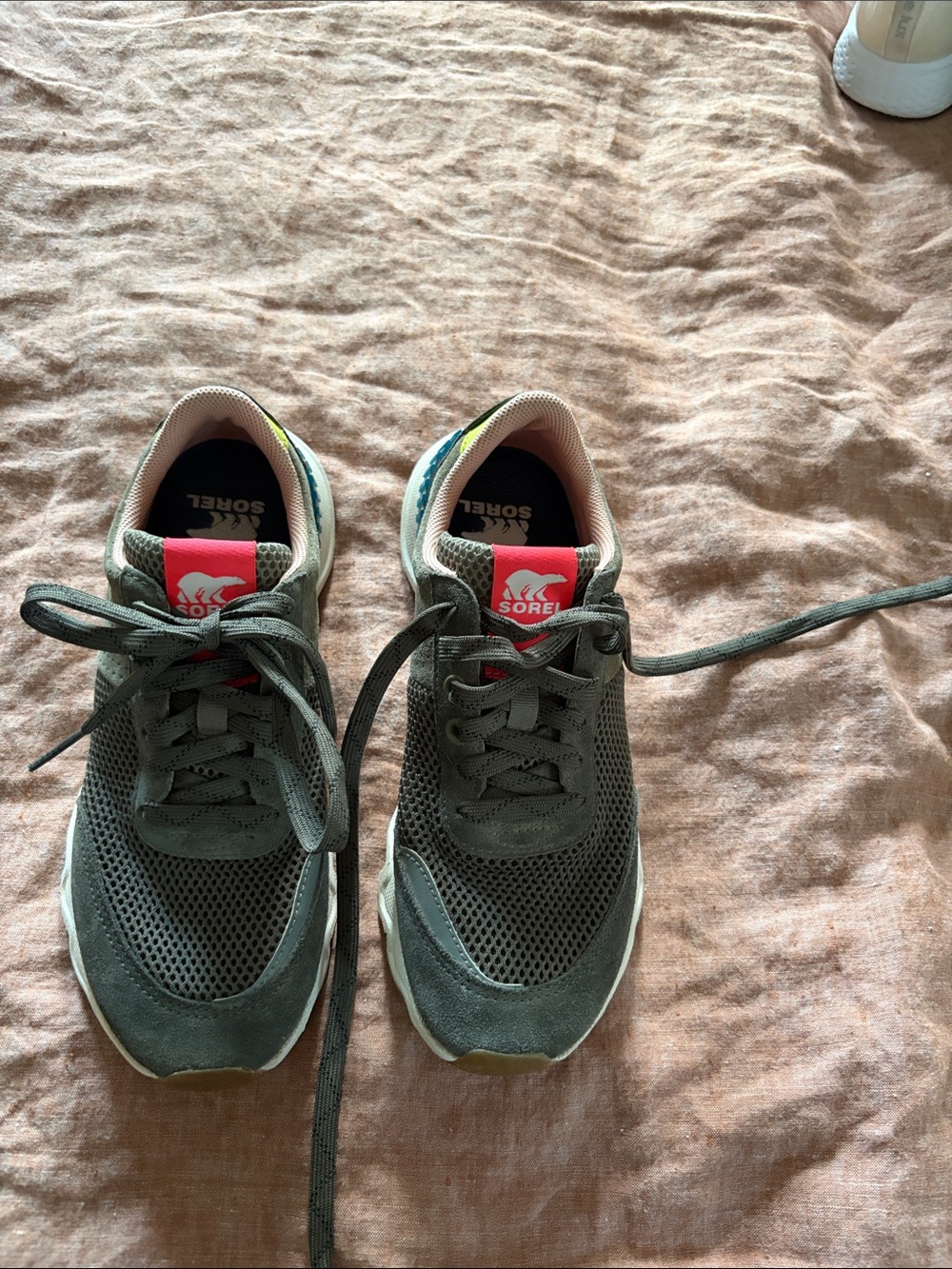 Sorel Olive Green Mesh Lace-Up Sneakers with Coral Logo Tab
